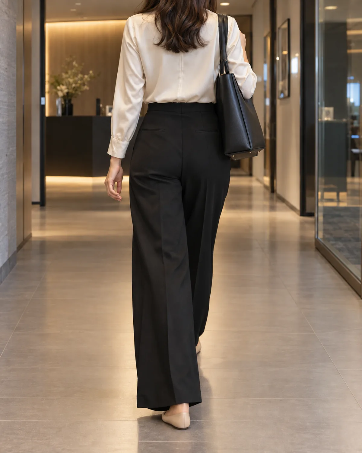 A woman walking away from the camera in a modern office corridor wearing a cream silk-finish blouse tucked into black high-waisted wide-leg trousers with nude pointed-toe flats and a black structured tote bag on her shoulder