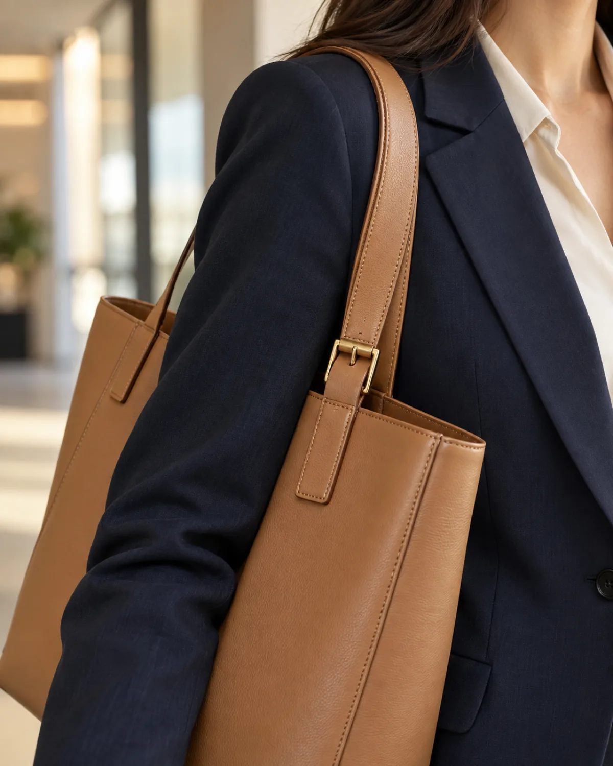 Close crop on the shoulder and collar area of a woman wearing a navy blazer with a cream blouse collar visible, a camel structured leather tote bag on her right shoulder with visible leather grain and plain gold-tone hardware