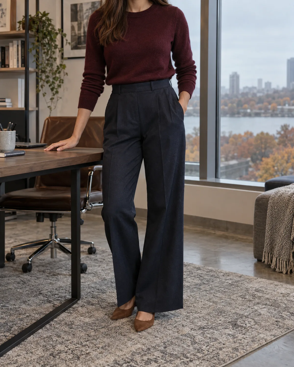 A woman in a three-quarter turn wearing a burgundy crewneck knit tucked into dark navy high-waisted wide-leg trousers with brown suede flats in a modern office with autumn skyline visible through the window