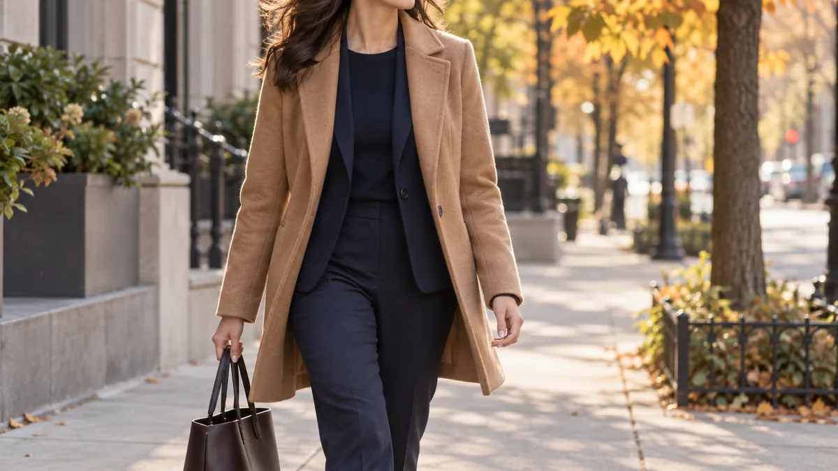 A woman walking mid-stride on an urban sidewalk in morning light wearing a camel coat over a navy blazer and dark trousers with a structured leather tote and brown ankle boots, autumn foliage in soft background blur