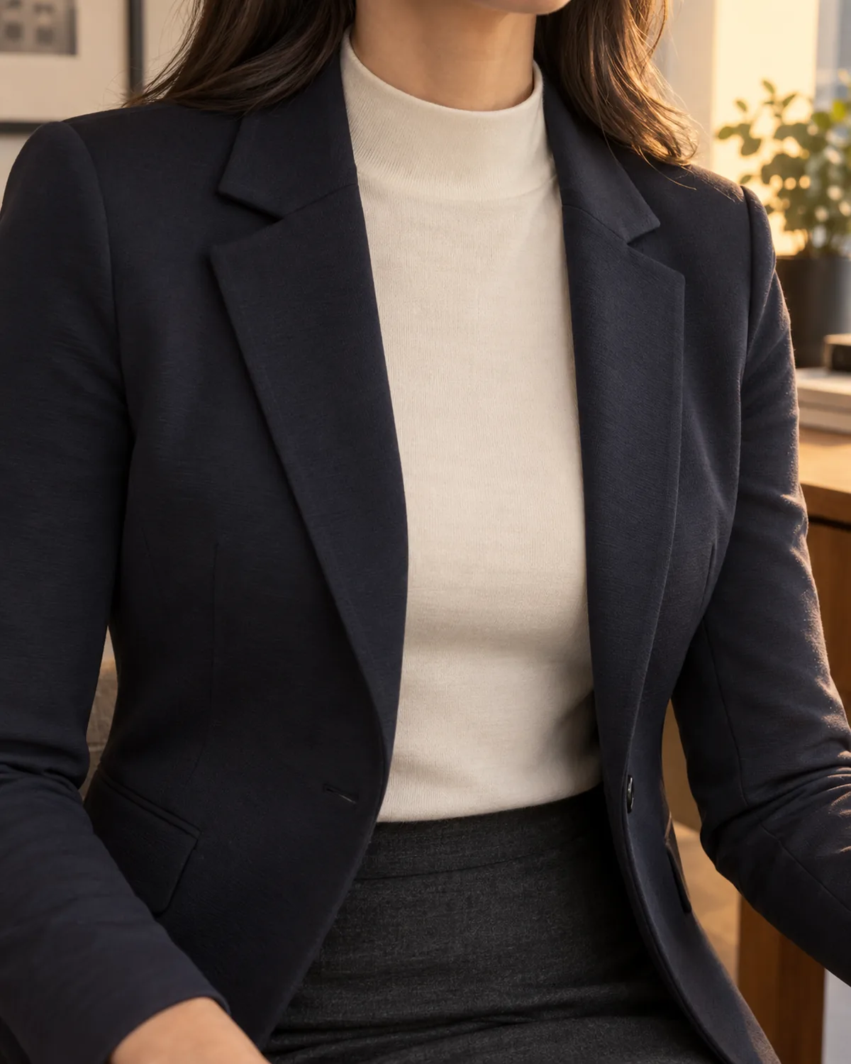 Close crop on the shoulder and collar area showing a navy ponte blazer with soft notch lapels over a cream mock-neck knit top, with the edge of a dark pencil skirt visible at the bottom