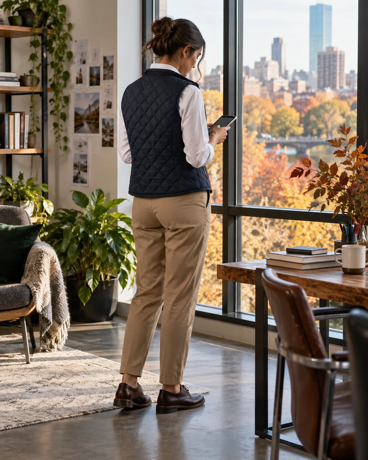 A woman seen from the back three-quarter angle wearing a navy quilted vest over a white button-front shirt and tan chinos, looking at a phone near a window showing autumn trees