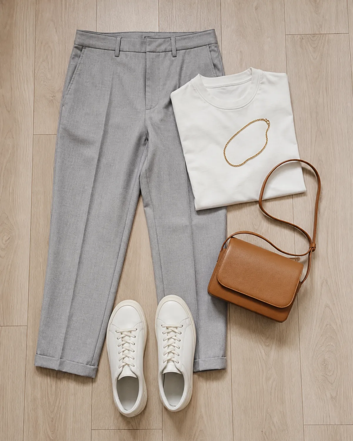 Flat lay on pale wood floor of light grey ankle-crop tapered trousers, a white heavyweight crew-neck t-shirt, white leather sneakers, a gold chain necklace, and a tan leather crossbody bag