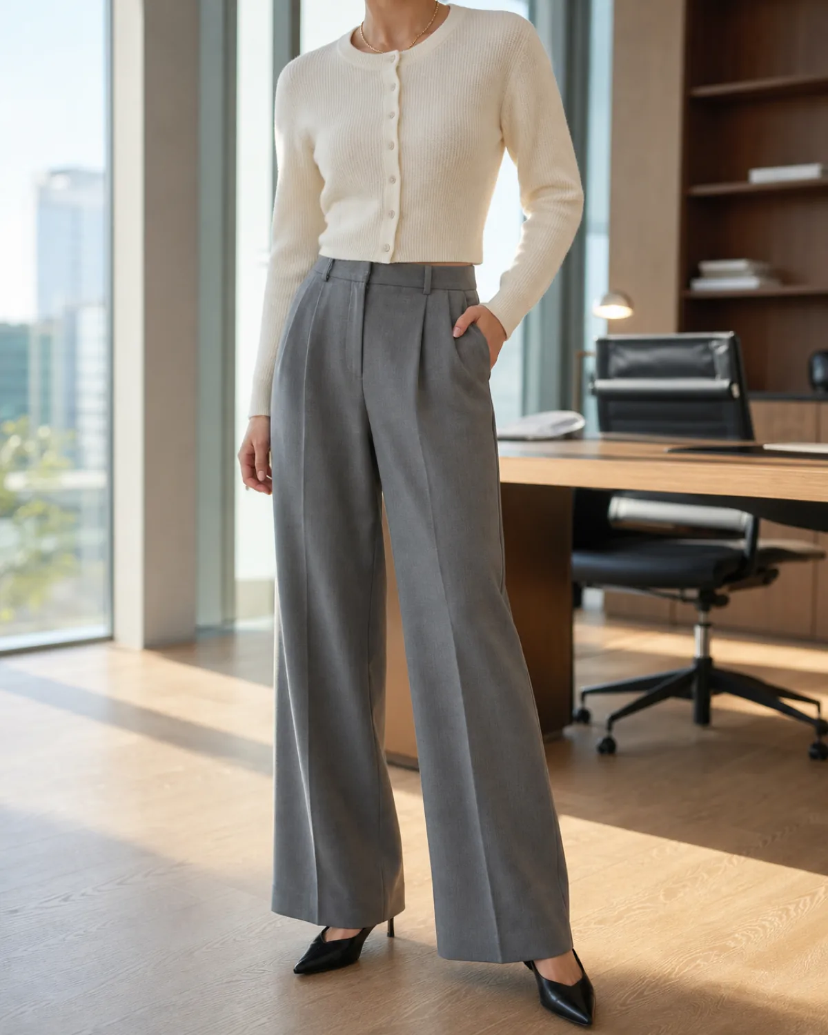 A woman in a three-quarter turn in a bright office near a large window wearing grey wide-leg pleated trousers, a cream cropped button-front cardigan as the only top layer, a gold chain necklace, and black pointed kitten heels