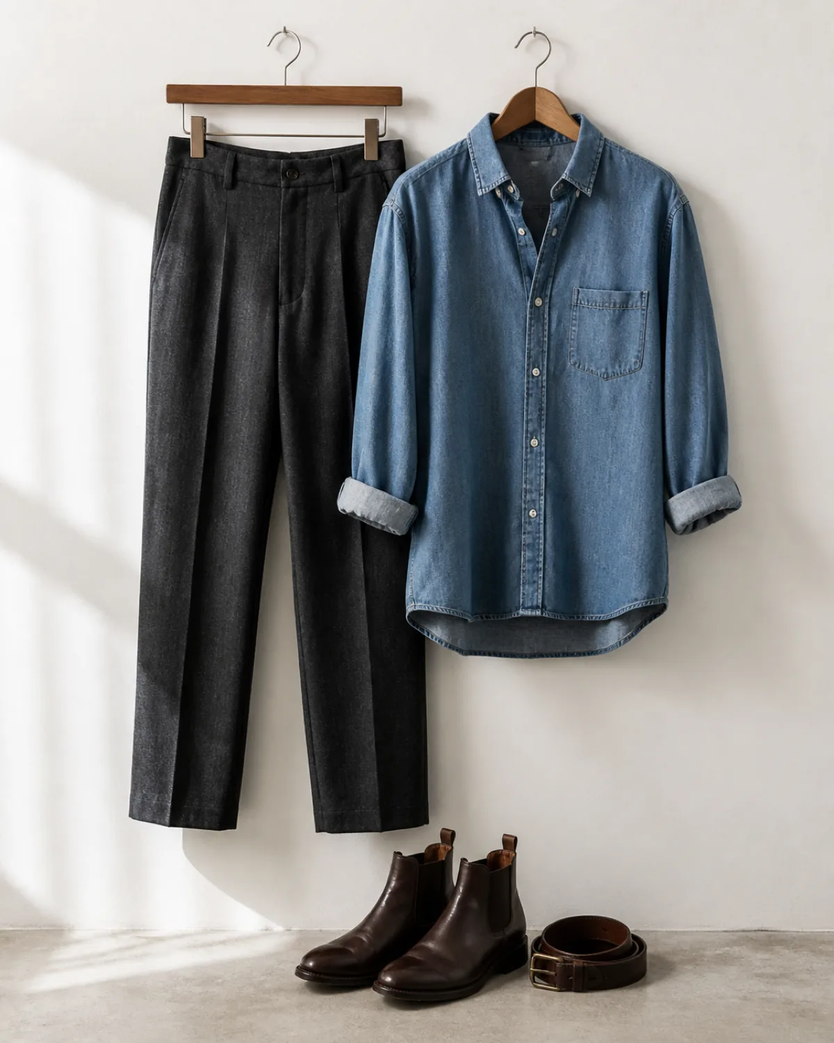 Charcoal wool trousers and a light blue denim chambray shirt with rolled sleeves hanging on wooden hangers against a white wall, with dark brown leather Chelsea boots and a matching belt below