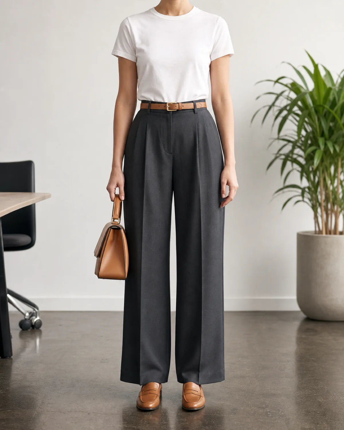 A woman standing full-length in a minimalist office wearing charcoal wide-leg trousers with a white crew-neck t-shirt tucked in, a tan leather belt, tan leather penny loafers, and holding a tan leather structured bag at her side