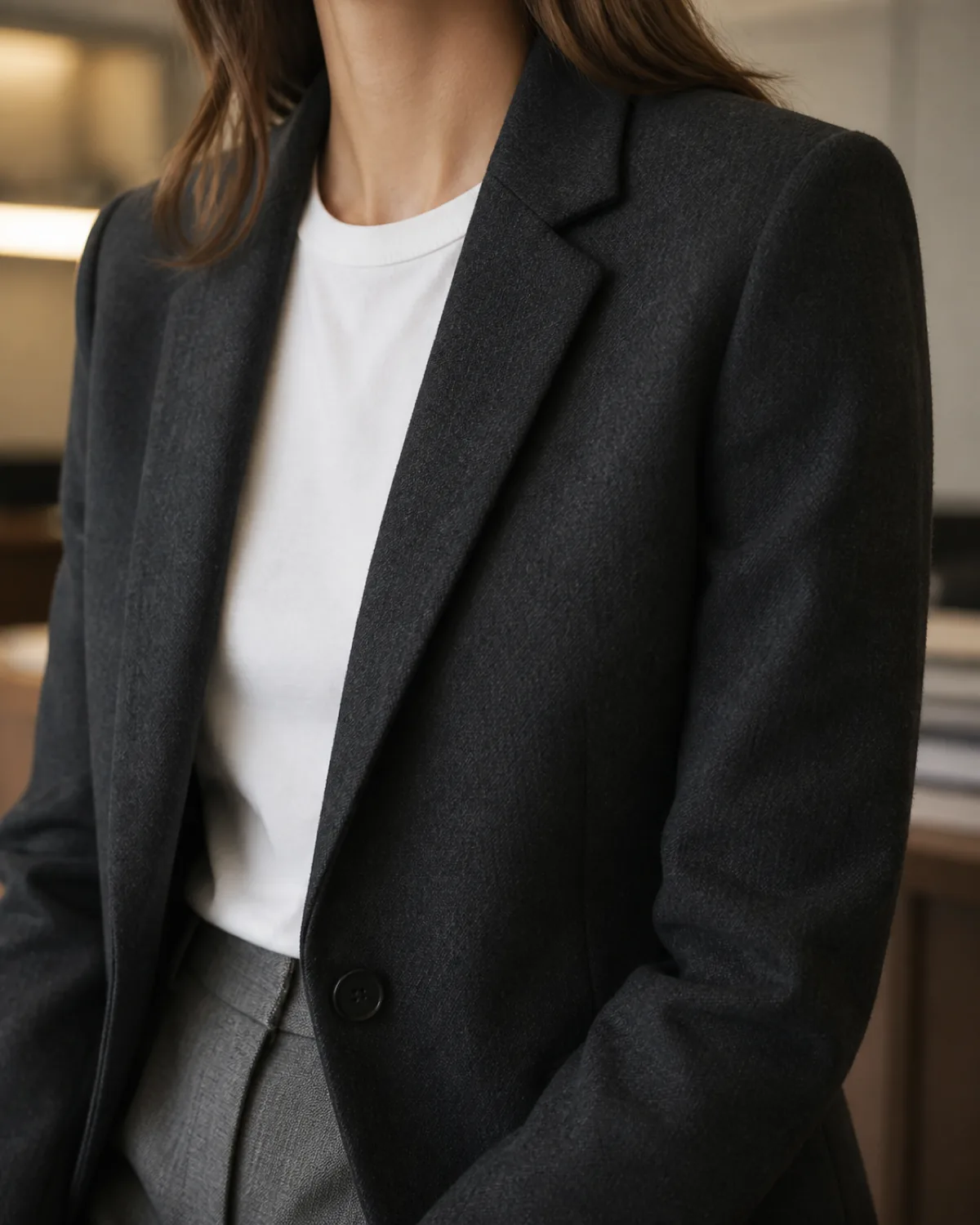Close crop on the shoulder and lapel line showing a charcoal wool single-breasted blazer with visible weave texture over a white crew-neck t-shirt, with medium grey trouser waistband visible below