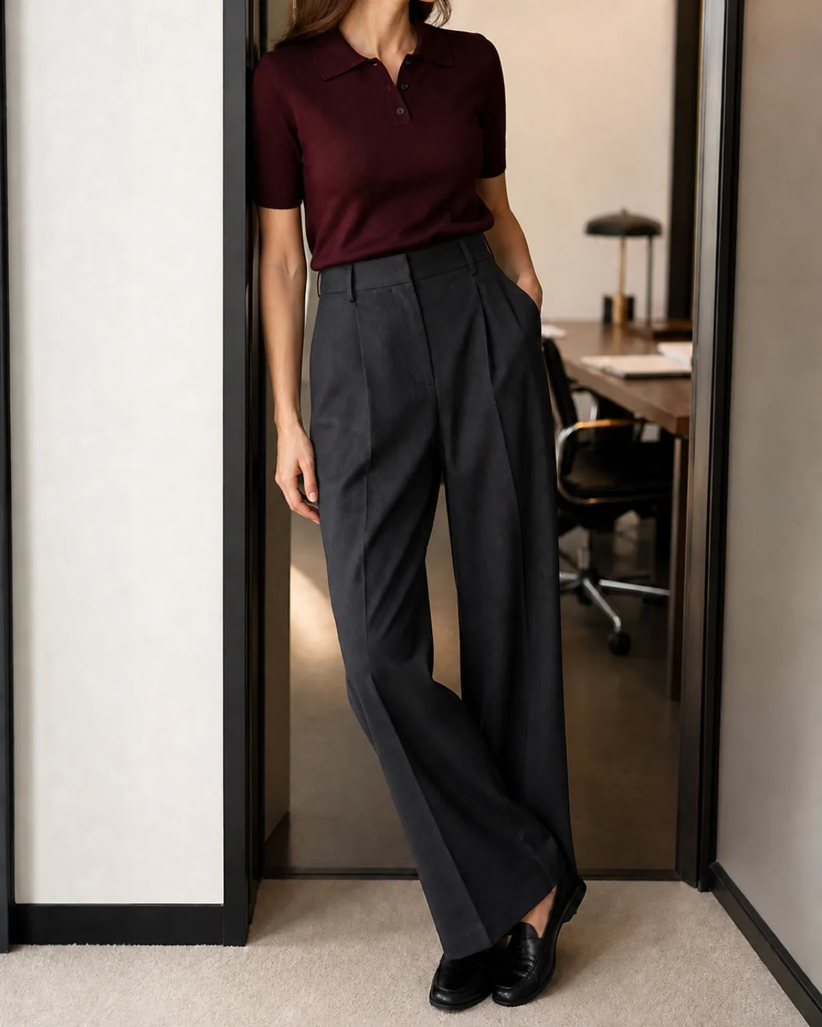 A woman standing in an office doorway leaning one shoulder against the frame, wearing charcoal wide-leg pleated trousers, a burgundy fine-knit short-sleeve polo shirt tucked in, and black leather loafers