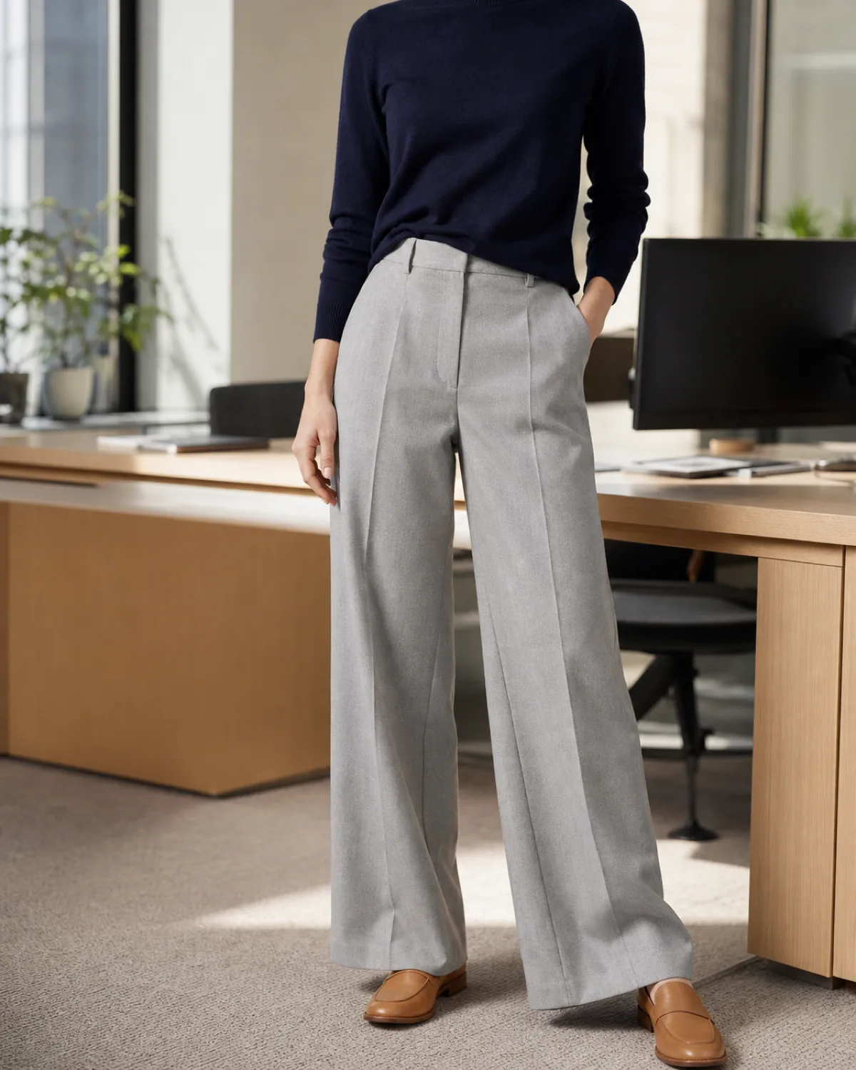 A woman in a three-quarter turn near a wooden desk wearing light grey wide-leg pleated trousers, a navy fine-knit crewneck sweater tucked at the front, and tan leather loafers