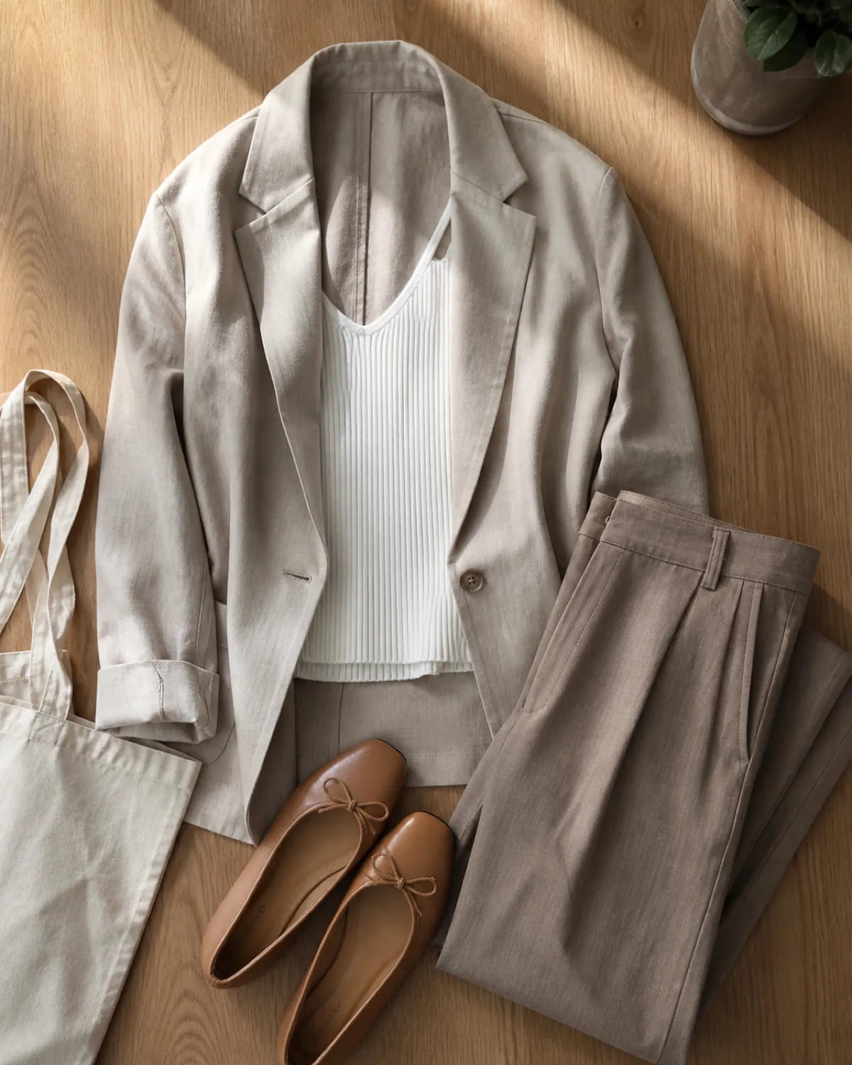A flat-lay on a light oak desk surface: an unlined sand-coloured cotton blazer laid open showing a white ribbed knit camisole inside, folded grey-taupe linen-blend trousers alongside, tan leather ballet flats at the trouser hem, and a folded canvas tote at the edge