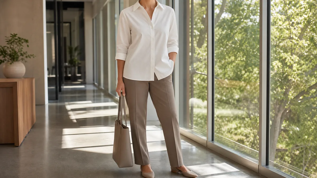 A woman in a white cotton poplin shirt with rolled sleeves and taupe straight-leg trousers standing in a sunlit modern office corridor with floor-to-ceiling windows and a structured tote in her left hand