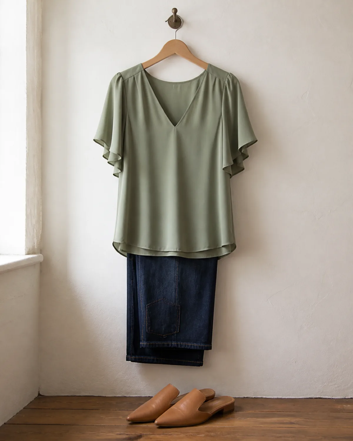 A garment display on a wooden hanger against a white plaster wall: a sage-green fluid V-neck blouse with flutter sleeves draped on the hanger, dark indigo straight-leg jeans folded over the crossbar below, and tan leather pointed-toe mules placed on the wooden floor beneath