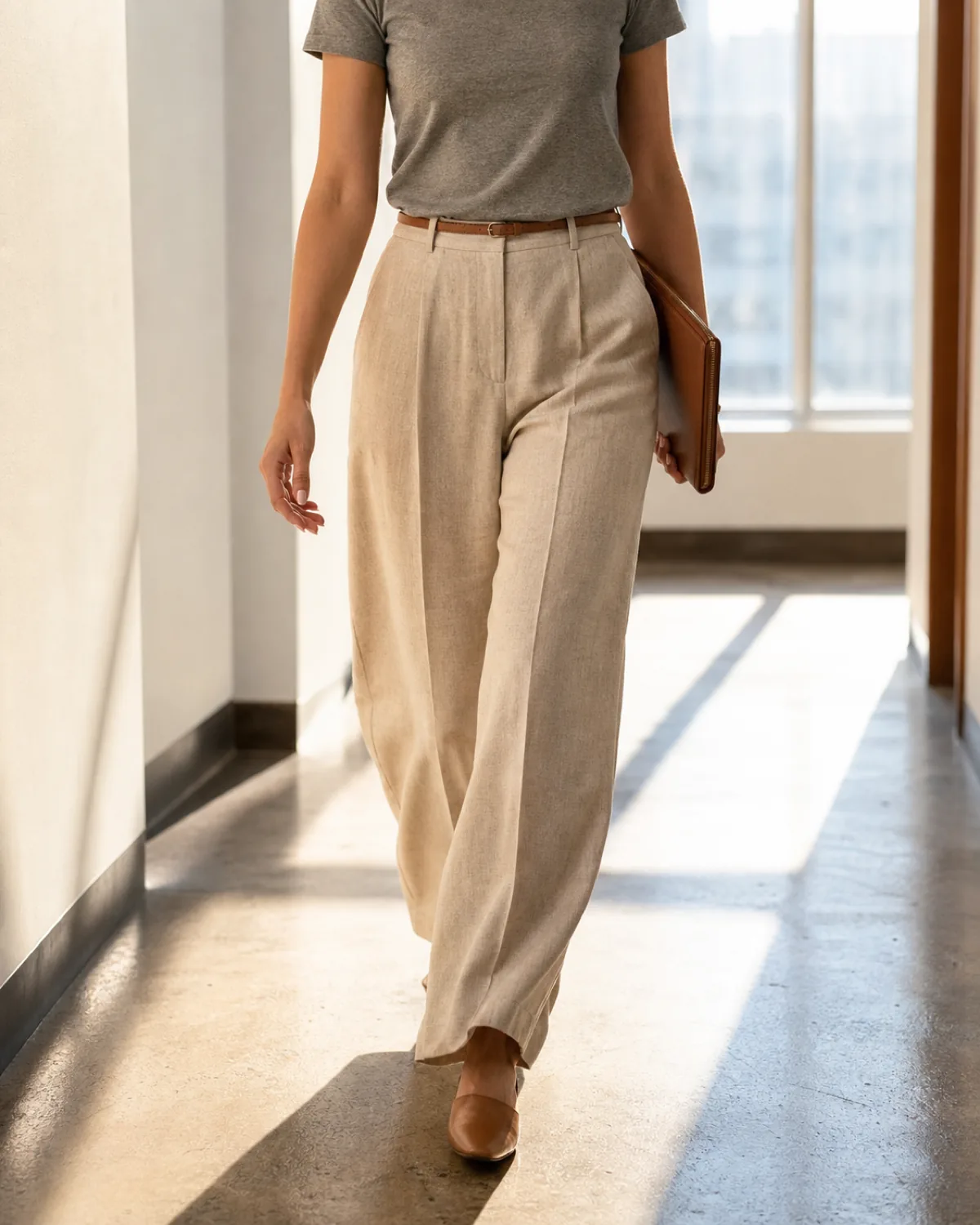A woman walking mid-stride in a hallway wearing oatmeal wide-leg linen-blend trousers with a pressed front crease, a heather-grey knit tee tucked in with a narrow tan belt, and tan leather mules, carrying a tan leather folder