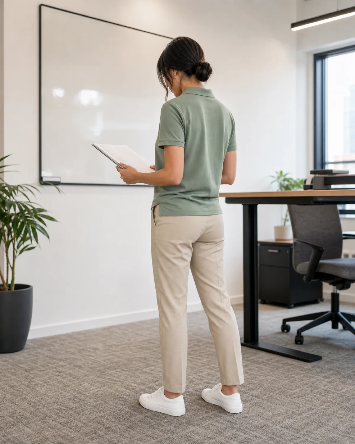 A woman in a back-three-quarter pose looking down at a notebook she holds in both hands, wearing a sage-green pique cotton polo shirt and khaki tailored chinos with a slight ankle taper, white sneakers, standing in a bright casual office with a blank whiteboard and standing desk behind her