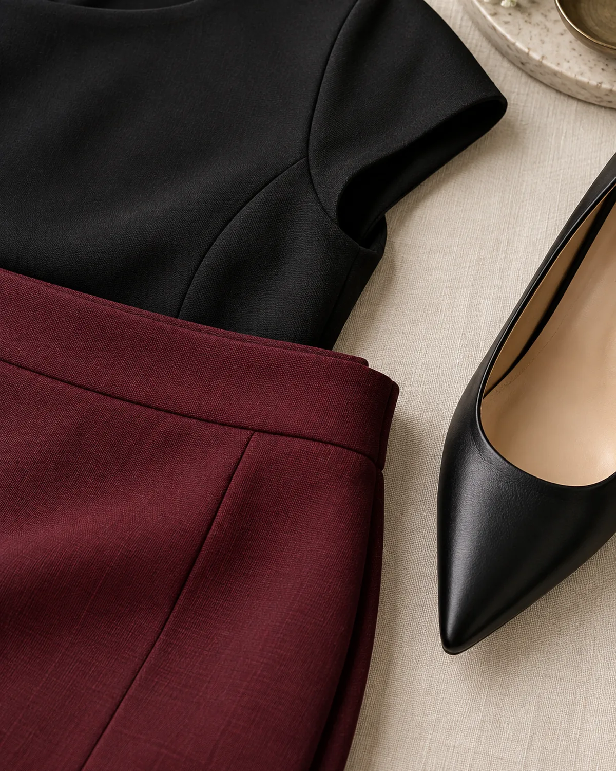 Stacked detail macro showing a black cap-sleeve sheath top fabric, a burgundy pencil skirt fabric and a black pointed-toe pump toe arranged on a cream linen surface
