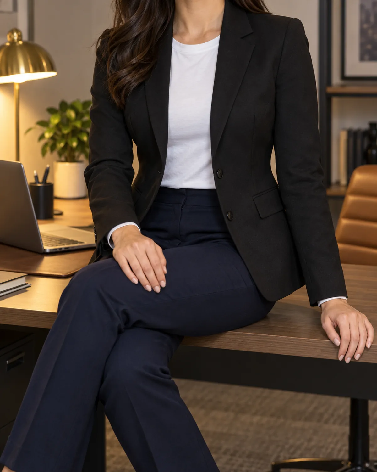 A woman seated at an office desk wearing a black fitted blazer with visible darts over a white crew-neck tee and dark navy trousers