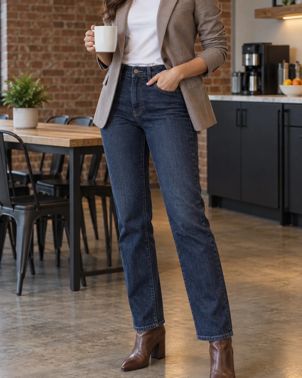 A woman standing in a break room with exposed brick wearing dark indigo straight-leg jeans, a taupe structured blazer and brown heeled ankle boots, holding a white mug