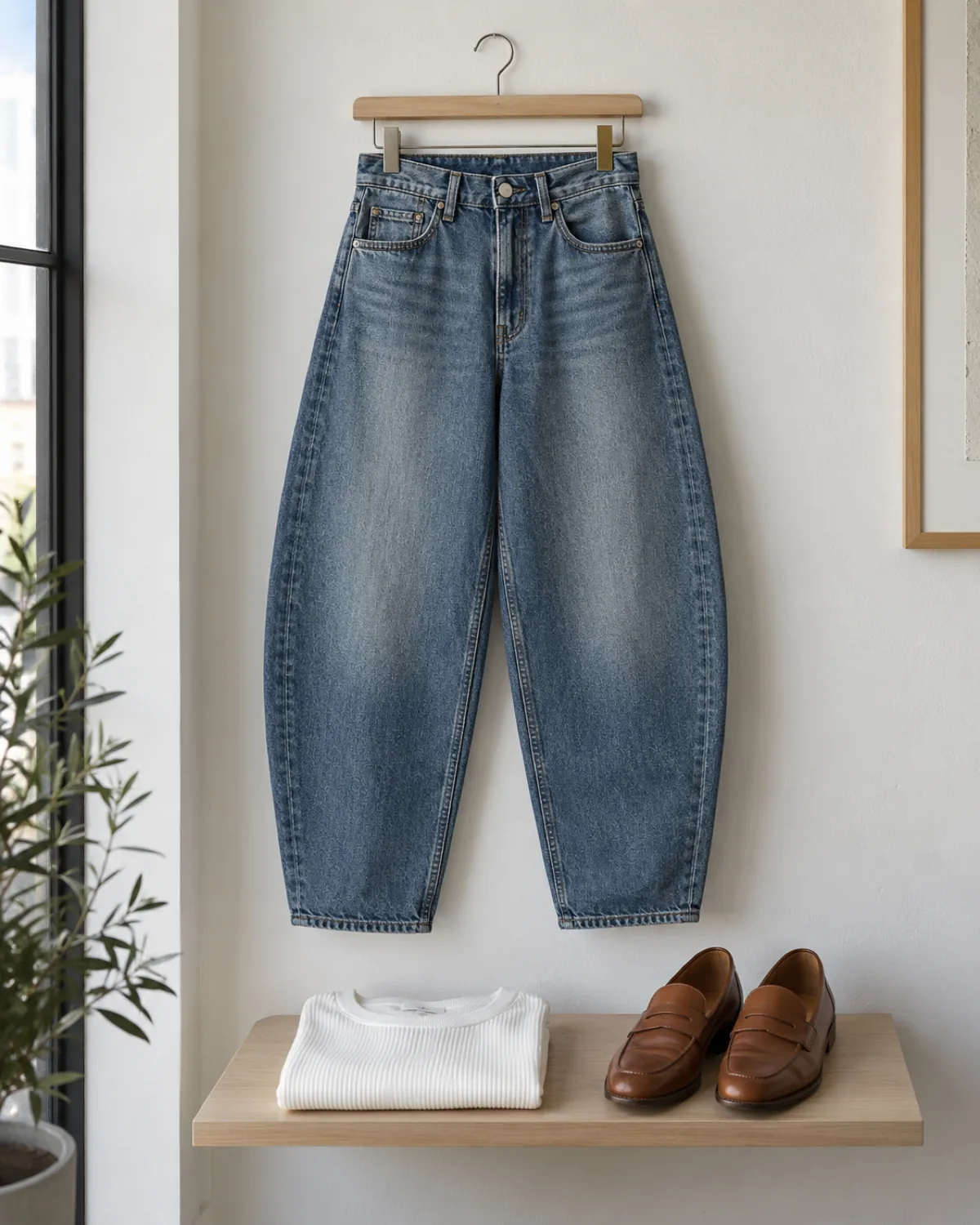 A pair of medium-wash barrel-leg jeans hanging on a simple wooden hanger against a clean white wall with a folded white ribbed crew-neck tee and cognac leather loafers placed on a small wooden shelf below