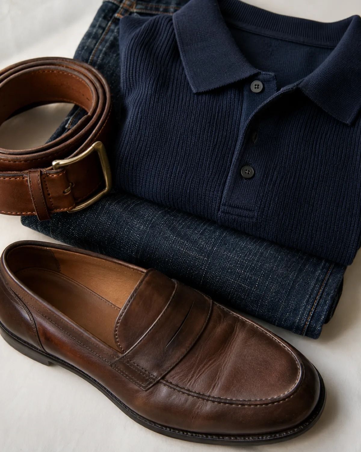 A stacked detail arrangement of folded dark bootcut denim with a navy knit polo, a coiled cognac leather belt, and a brown leather loafer placed together on a white surface