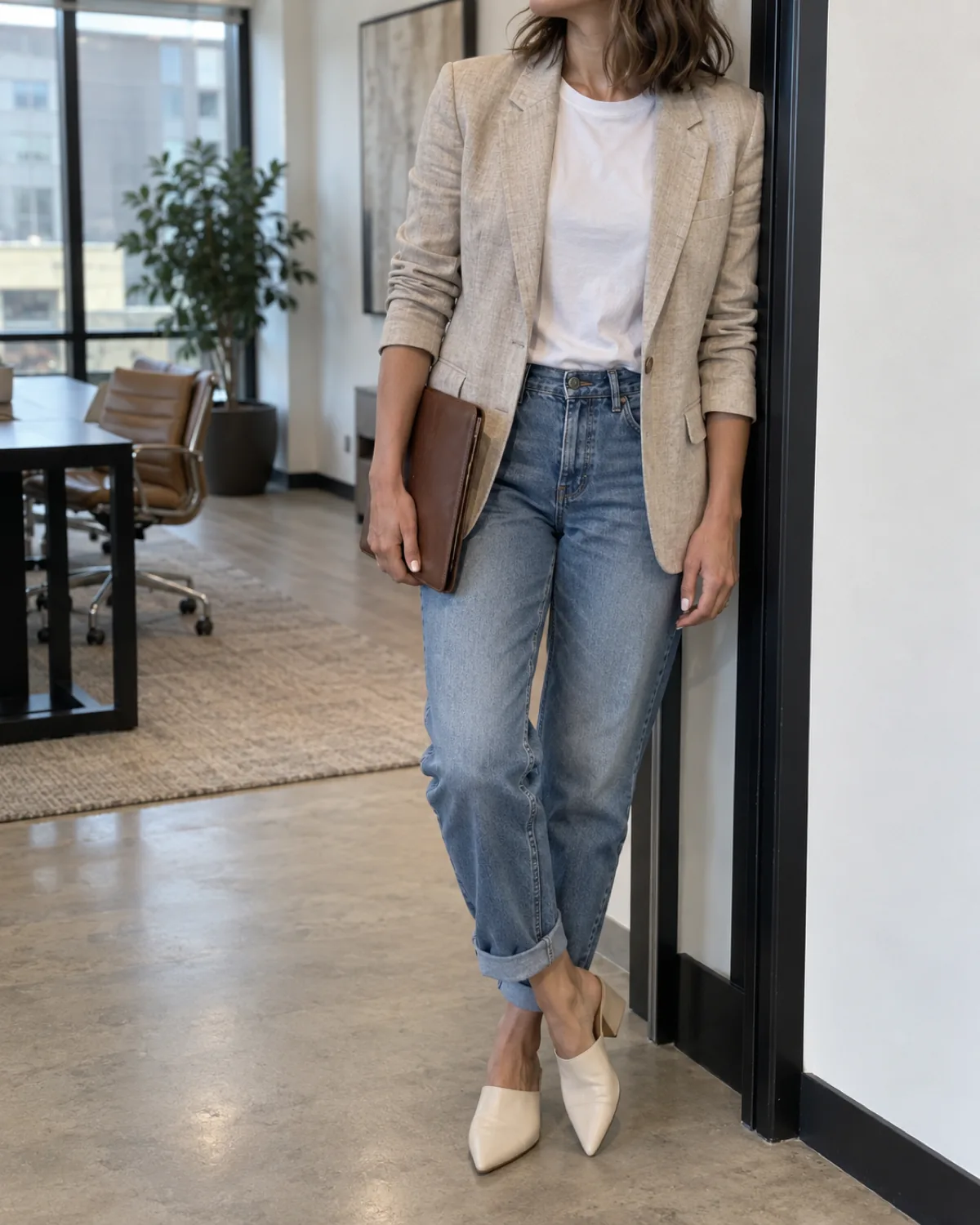 A woman leaning her left shoulder against an office doorway wearing medium-wash boyfriend jeans with rolled cuffs and a relaxed oatmeal linen blazer over a white crew-neck tee with cream pointed-toe mules