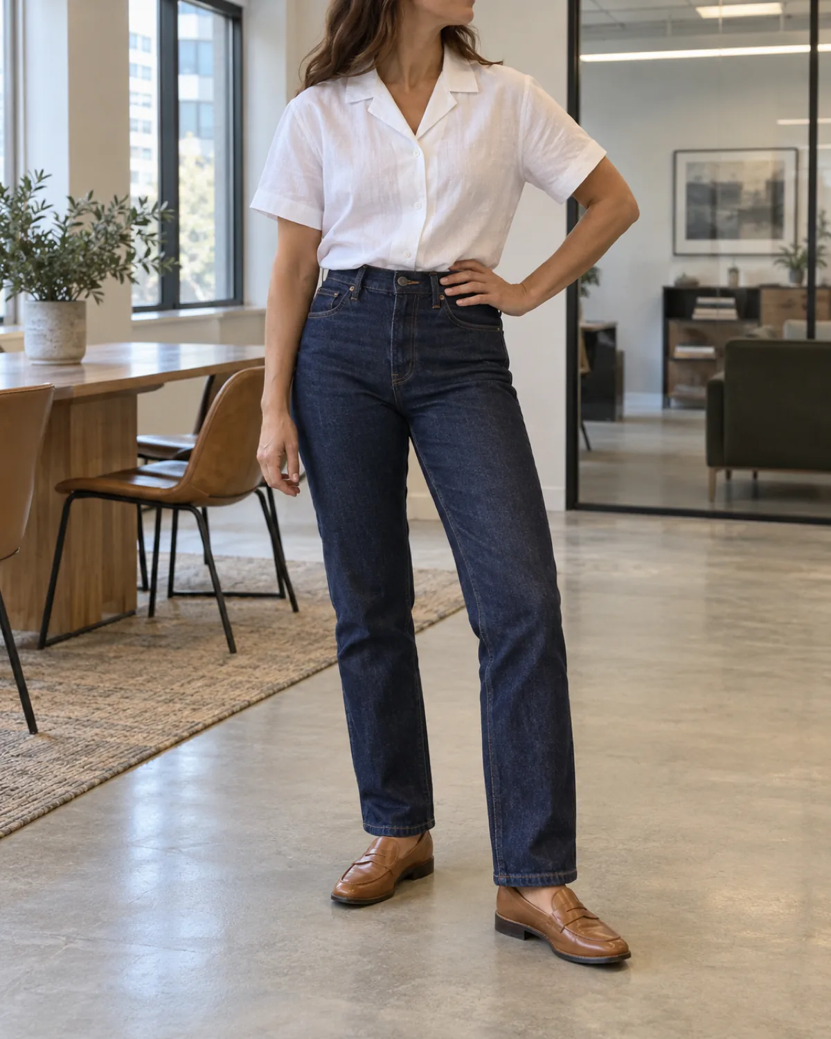 A woman in a three-quarter turn wearing dark indigo straight-leg jeans tucked into a short-sleeve white camp-collar shirt with brown leather loafers in an open-plan office