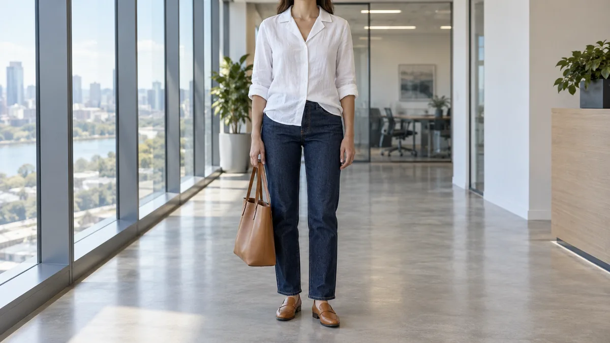 A woman in dark straight-leg jeans and a white linen camp-collar shirt standing in a bright modern office corridor with floor-to-ceiling windows and a structured leather tote at her side