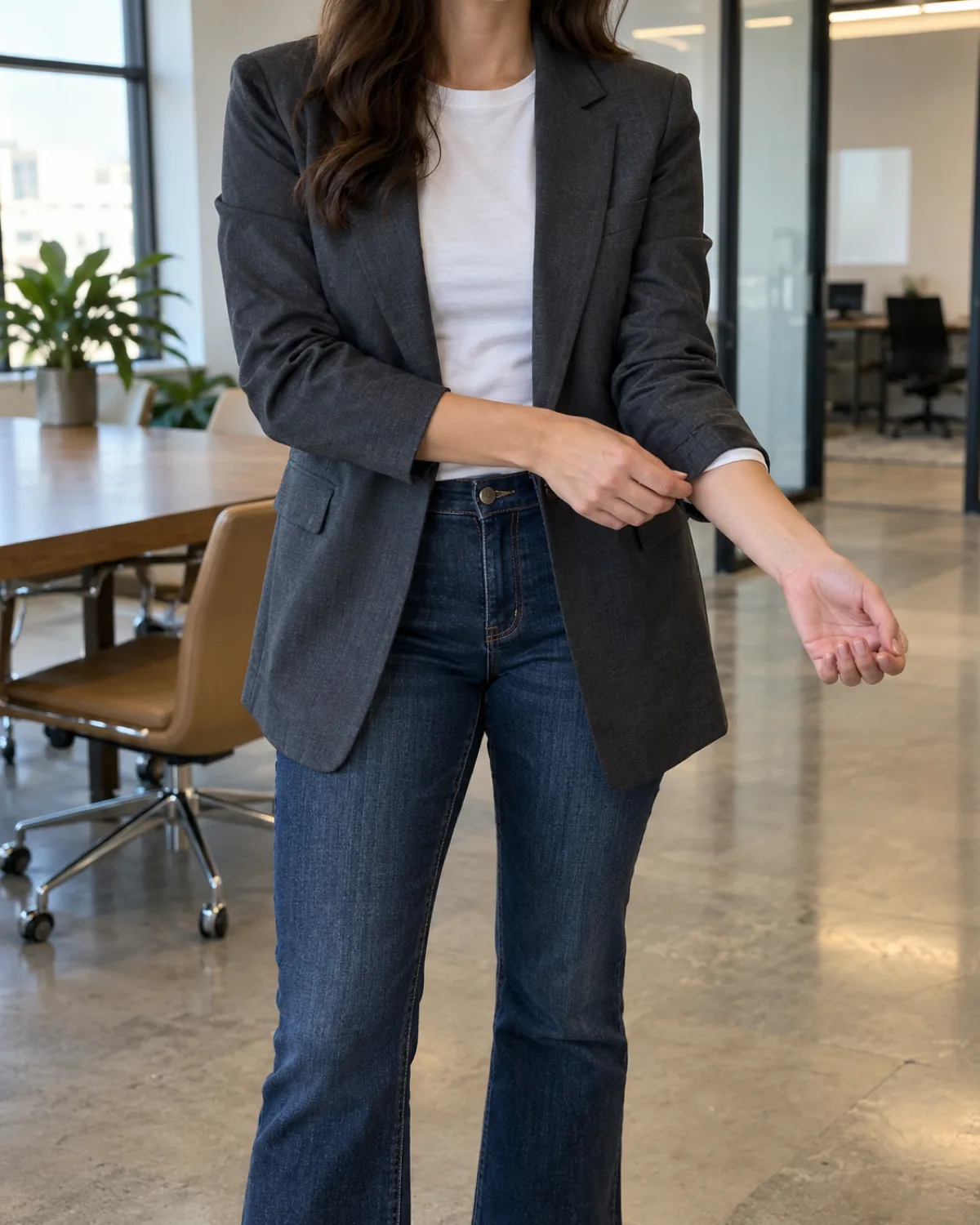 A woman framed from chin to knee adjusting the cuff of a longline charcoal blazer worn over a fitted white crew-neck tee and dark cropped kick-flare jeans with black pointed-toe flats