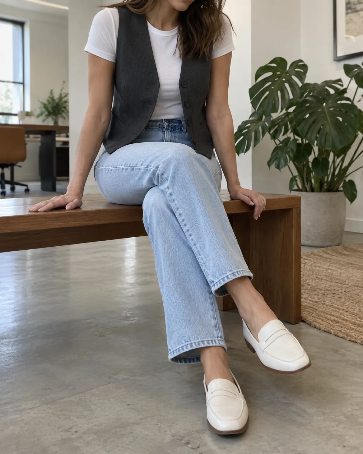 A woman seated on a low wooden bench in a minimalist office with a monstera plant wearing light-wash straight-leg jeans and a fitted white T-shirt under a structured charcoal vest with white leather loafers