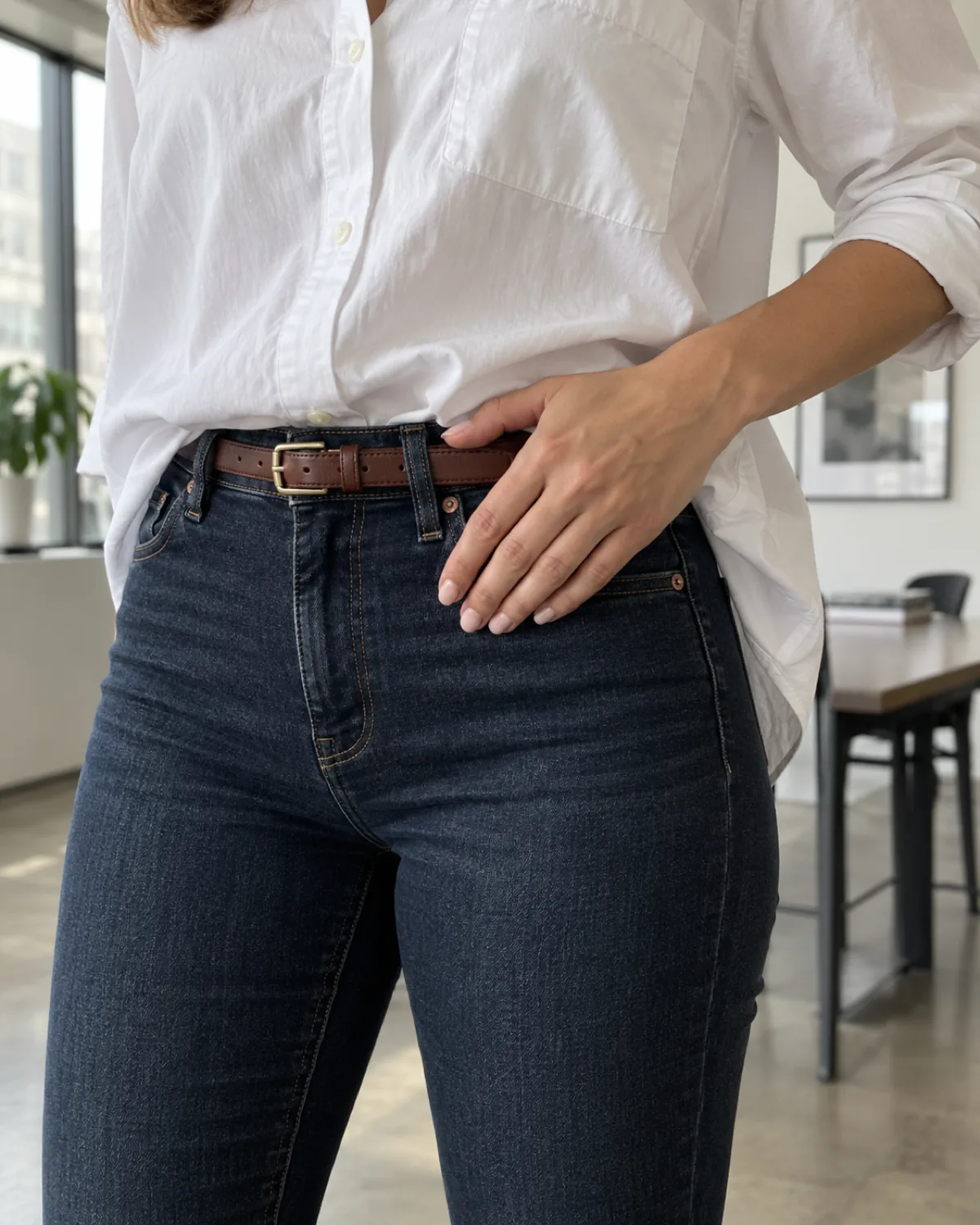 A close crop on the waist of a woman in high-waist dark skinny jeans with an oversized white cotton poplin shirt tucked at the front only, showing a thin brown leather belt through the belt loops