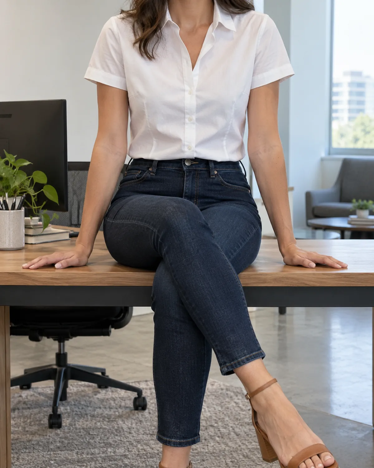 A woman seated on the edge of a desk in a glass-walled meeting room wearing slim dark jeans and a white short-sleeve poplin button-down tucked in with tan block-heel sandals visible at her crossed legs