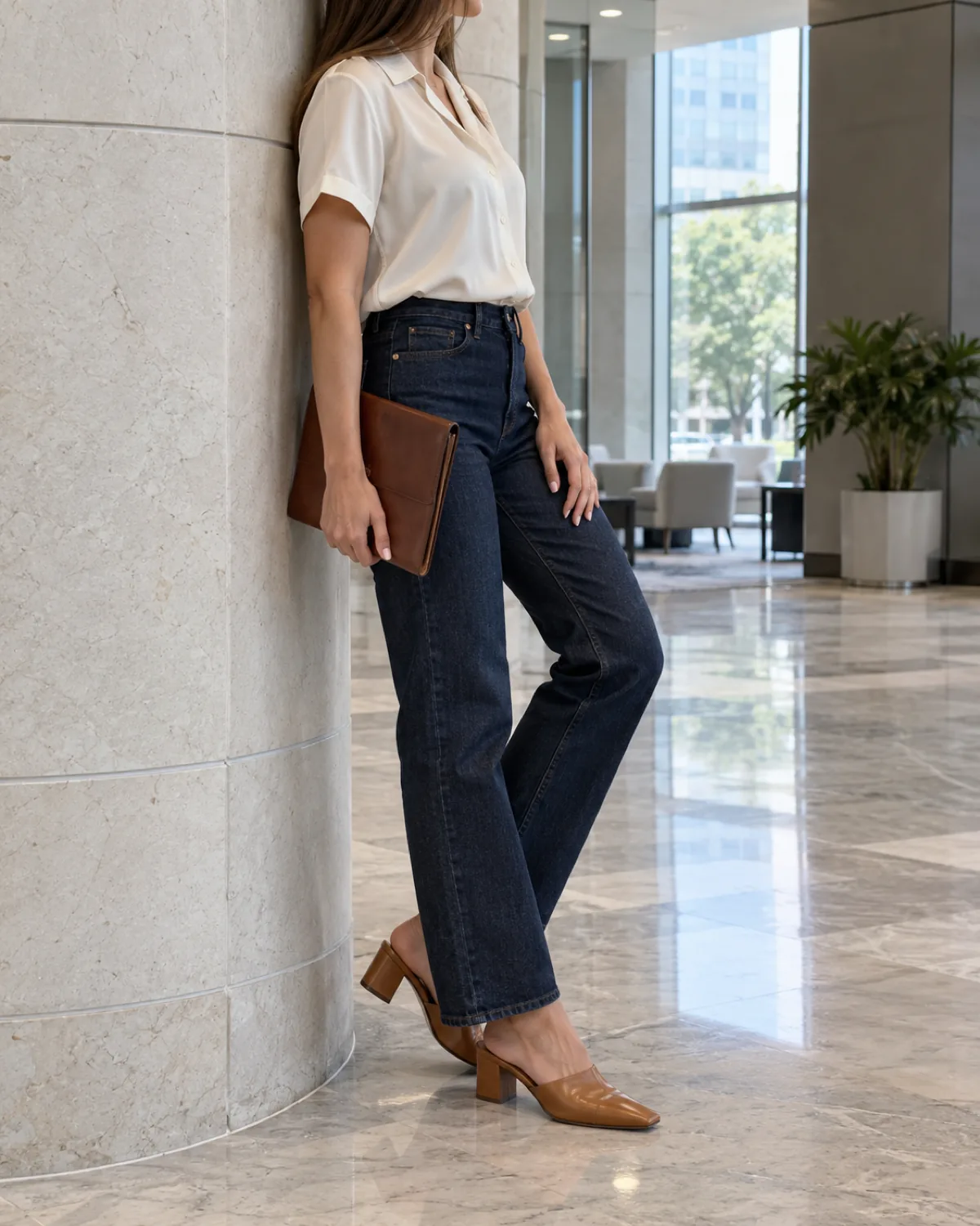 A woman leaning her right shoulder against a pale stone column in a bright lobby wearing dark straight-leg jeans and a cream silk short-sleeve shirt tucked in with tan low block-heel mules and holding a slim leather portfolio