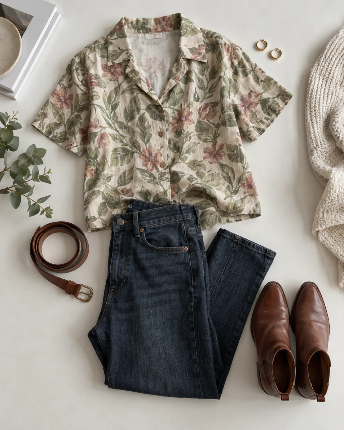 An overhead flat-lay on a clean white surface showing a botanical-print camp-collar blouse in sage, cream, and dusty rose, dark tapered jeans folded at centre, brown leather ankle boots, a coiled brown leather belt, and small gold hoop earrings