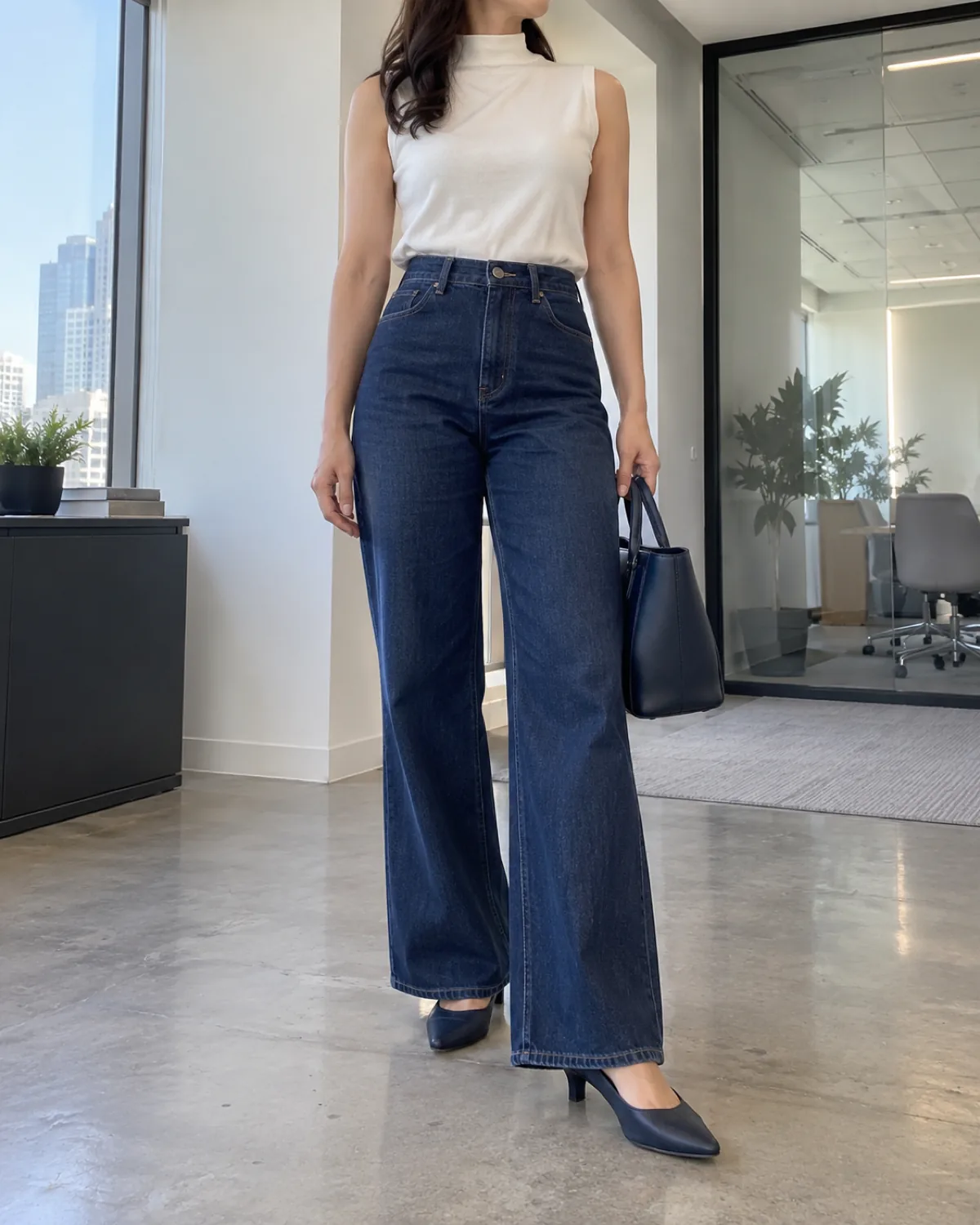 A woman standing in an open-plan office with warm wood accents wearing wide-leg dark indigo jeans with a tucked white sleeveless mock-neck shell top and navy low-heel pumps, shot from a slightly low angle