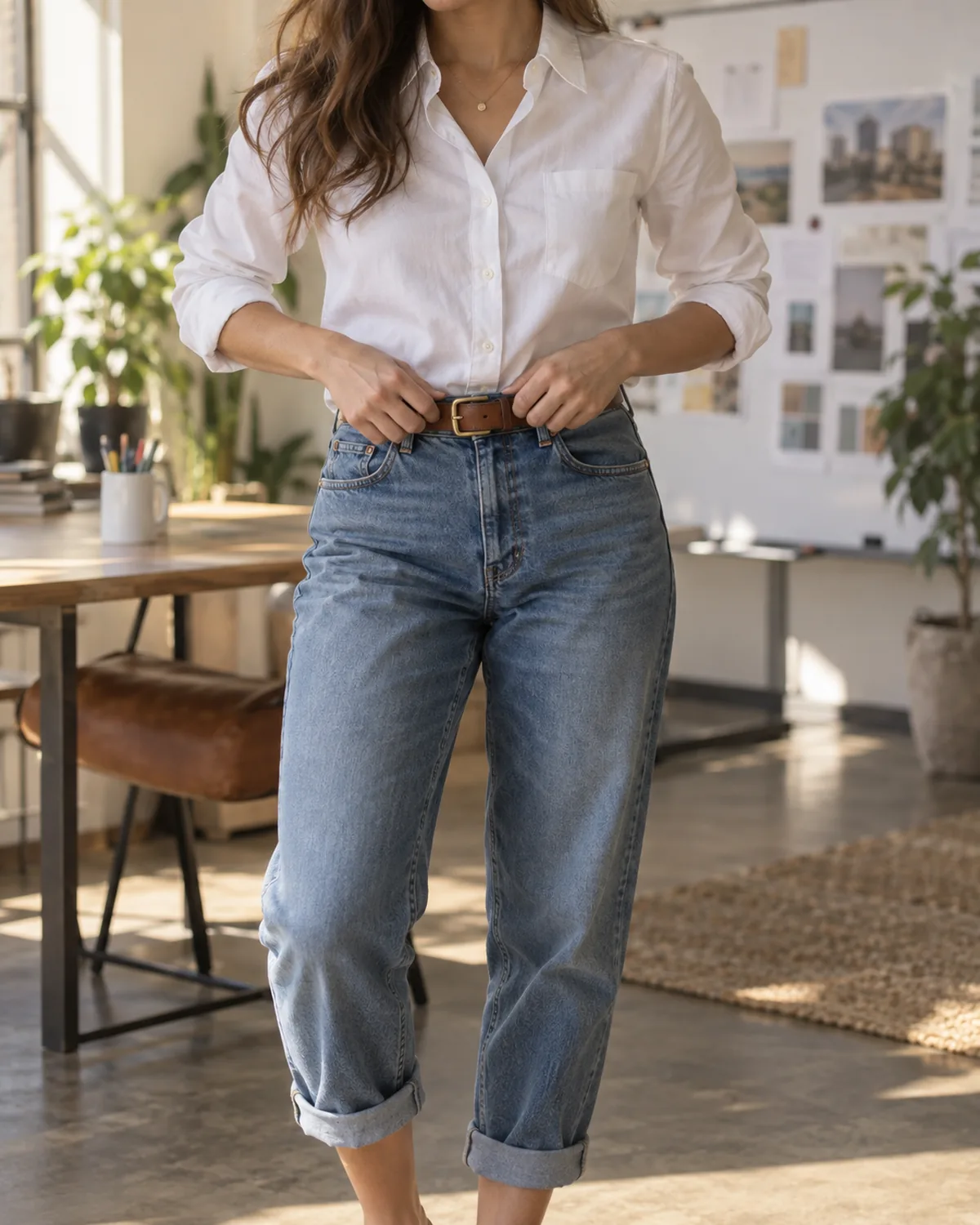 A mid-torso view of a woman in a creative office adjusting a cognac leather belt over medium-wash relaxed boyfriend jeans with a white button-down oxford shirt tucked in