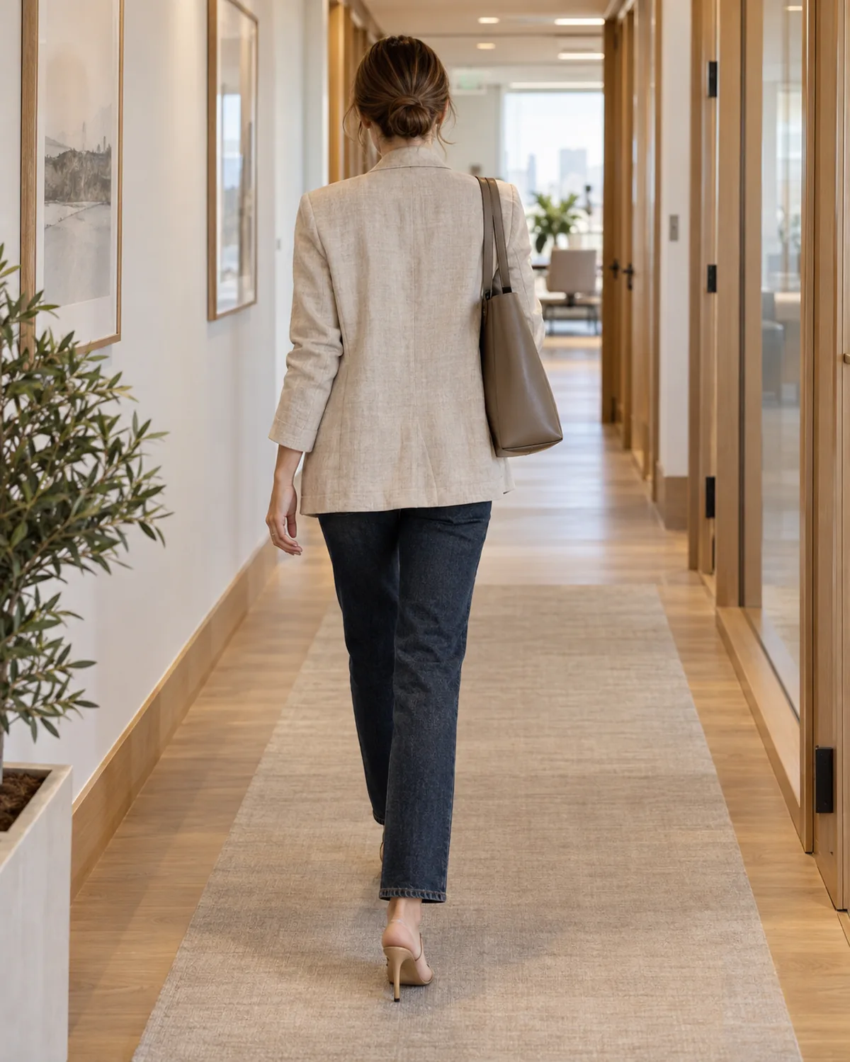 A woman walking away down a bright office hallway wearing high-rise dark straight-leg jeans, an oversized oatmeal linen blazer and nude pointed-toe mules, with a structured leather tote on one shoulder