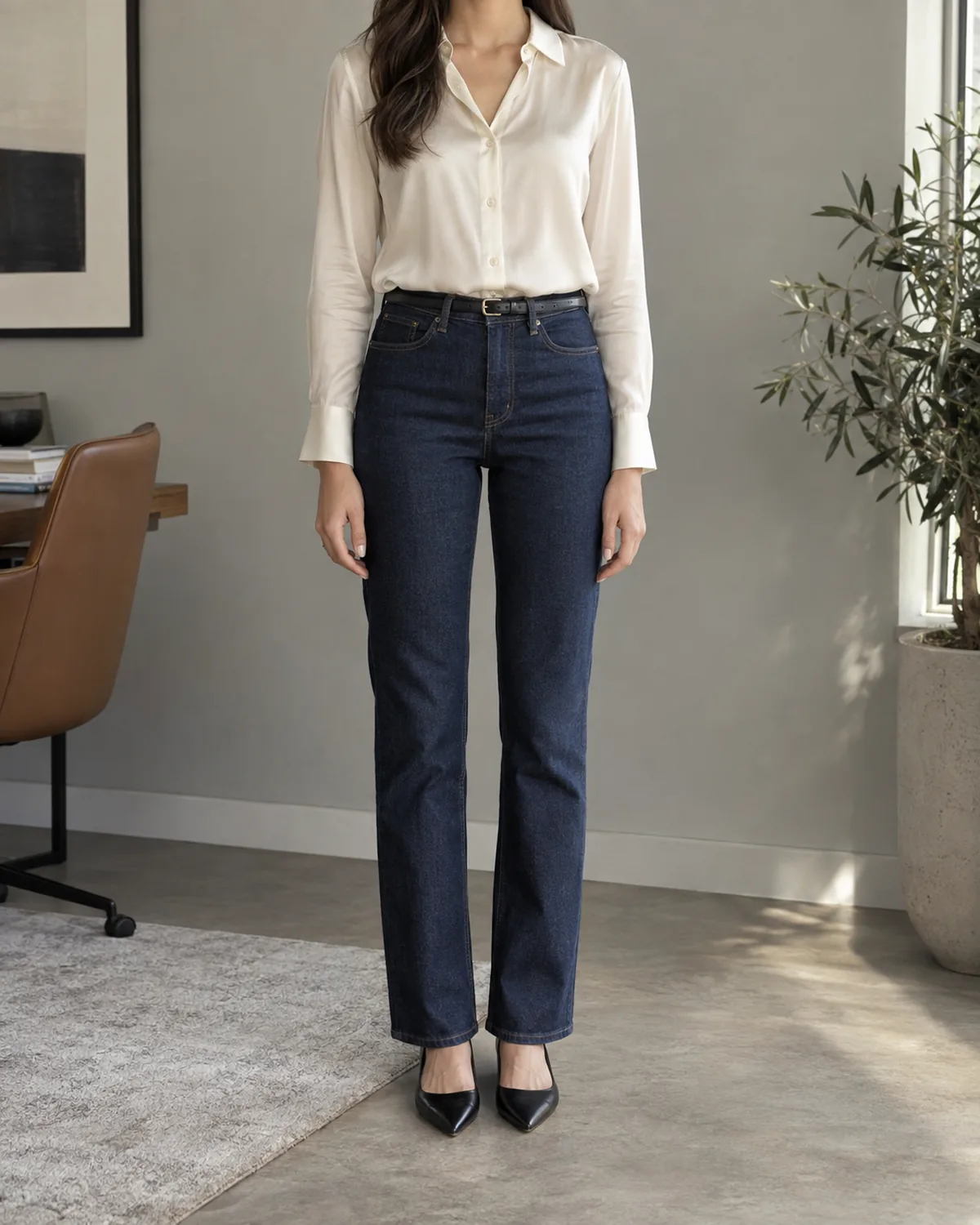 A woman standing straight-on in a modern office wearing dark indigo straight-leg jeans with a cream silk blouse tucked in, a dark leather belt and black pointed-toe shoes