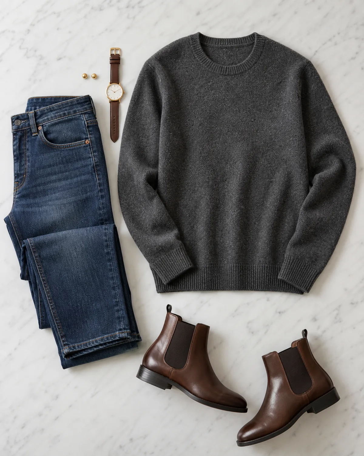 An overhead flat-lay of a complete work outfit on white marble: folded dark slim straight jeans, a charcoal grey crewneck sweater, brown leather Chelsea boots, a brown leather watch and gold stud earrings