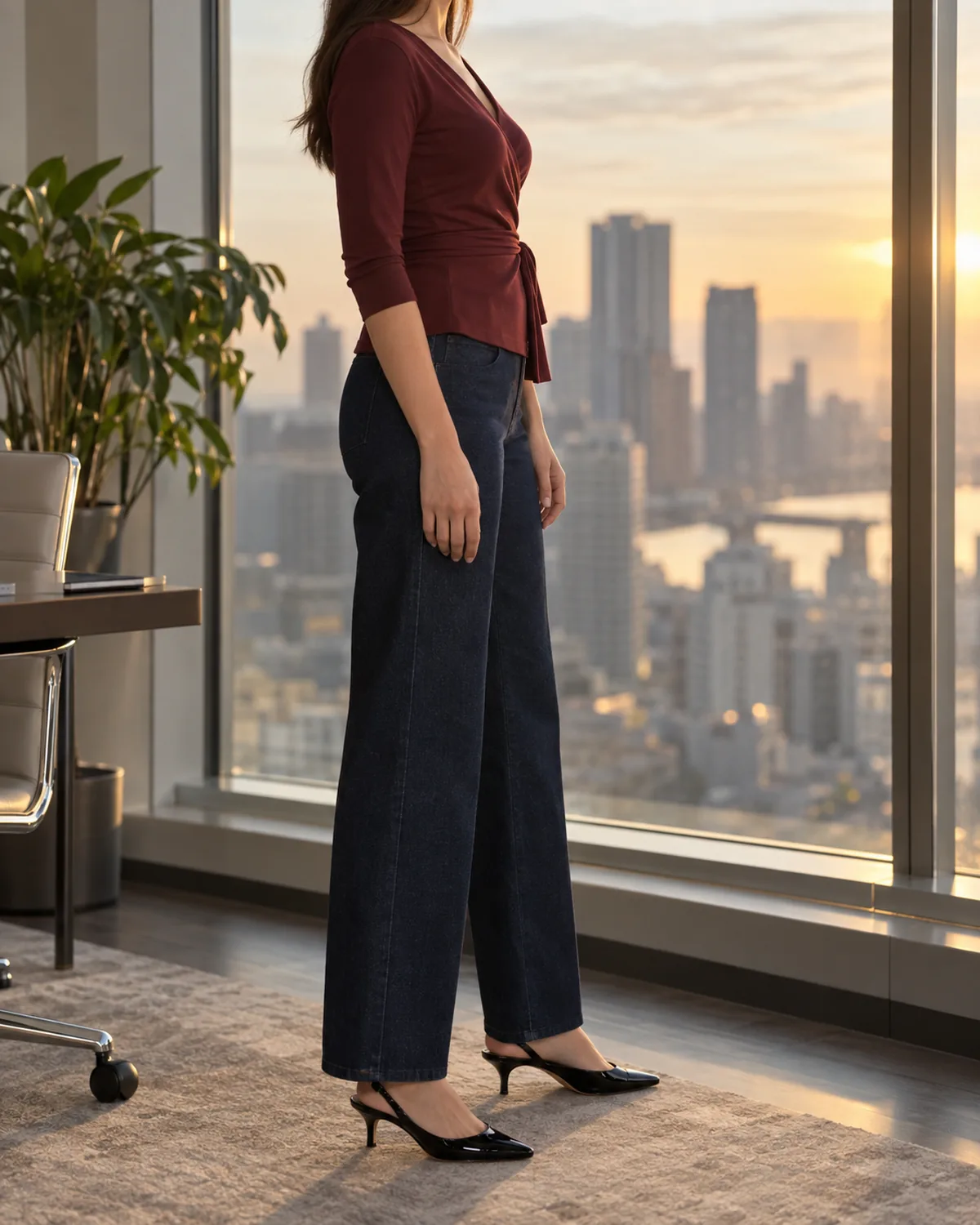 A side view of a woman standing by a floor-to-ceiling office window at golden hour, wearing dark navy wide-leg trouser-cut jeans with a burgundy wrap top and black patent slingback kitten heels