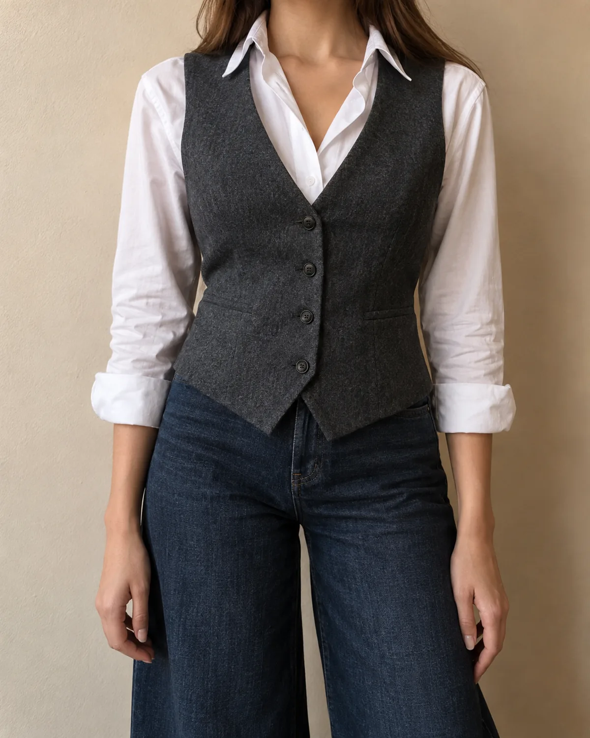 A close crop from the shoulders to just above the knee showing a charcoal wool vest buttoned over a white button-down shirt with collar open and cuffs rolled, paired with dark wide-leg jeans