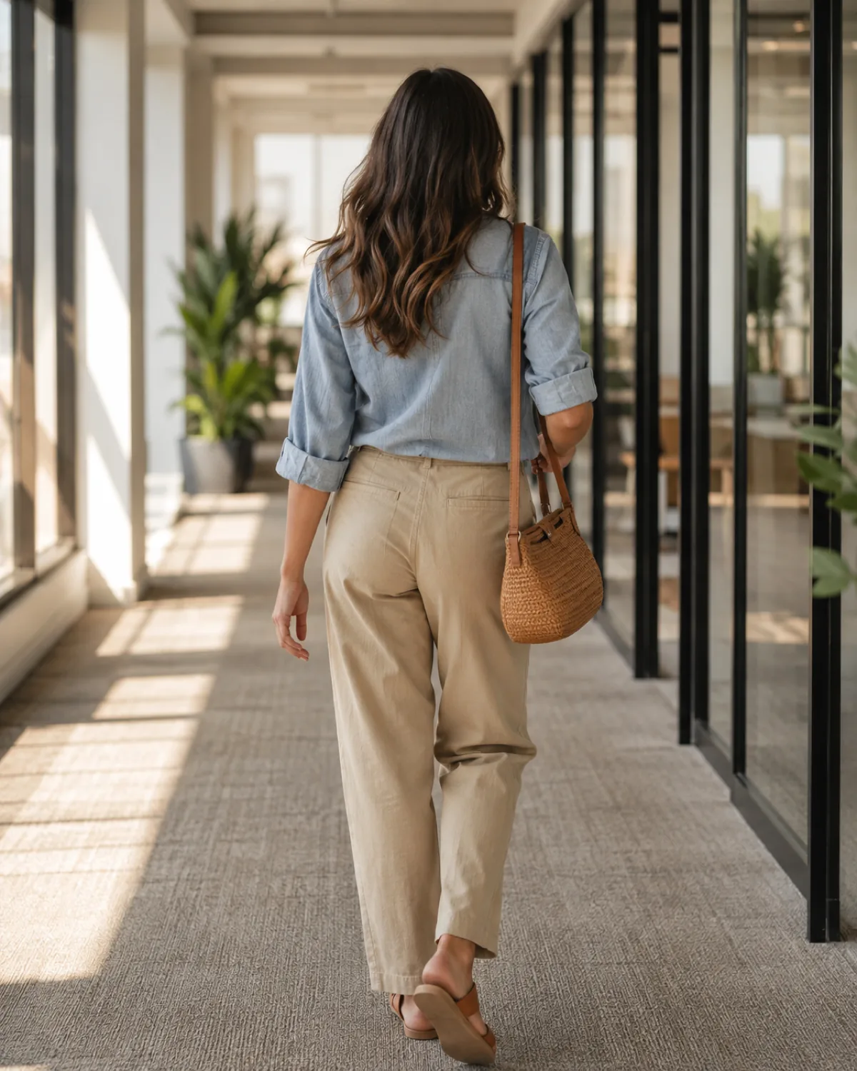 A woman walking away down a sunlit office corridor wearing straight-leg khaki pants, a light blue chambray shirt with sleeves rolled to the elbow, tan flat sandals, and a woven crossbody bag