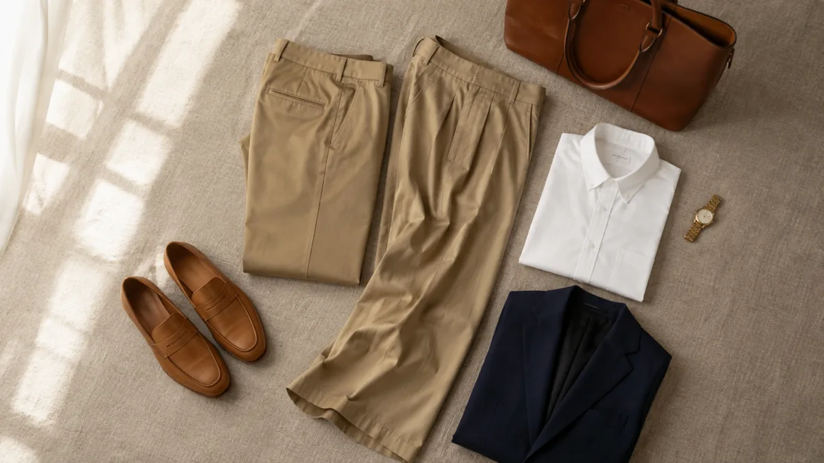 Flat-lay of khaki pants capsule building blocks on a linen surface: two khaki trouser silhouettes, a white button-down, a navy blazer, leather loafers, a leather tote, and a gold watch