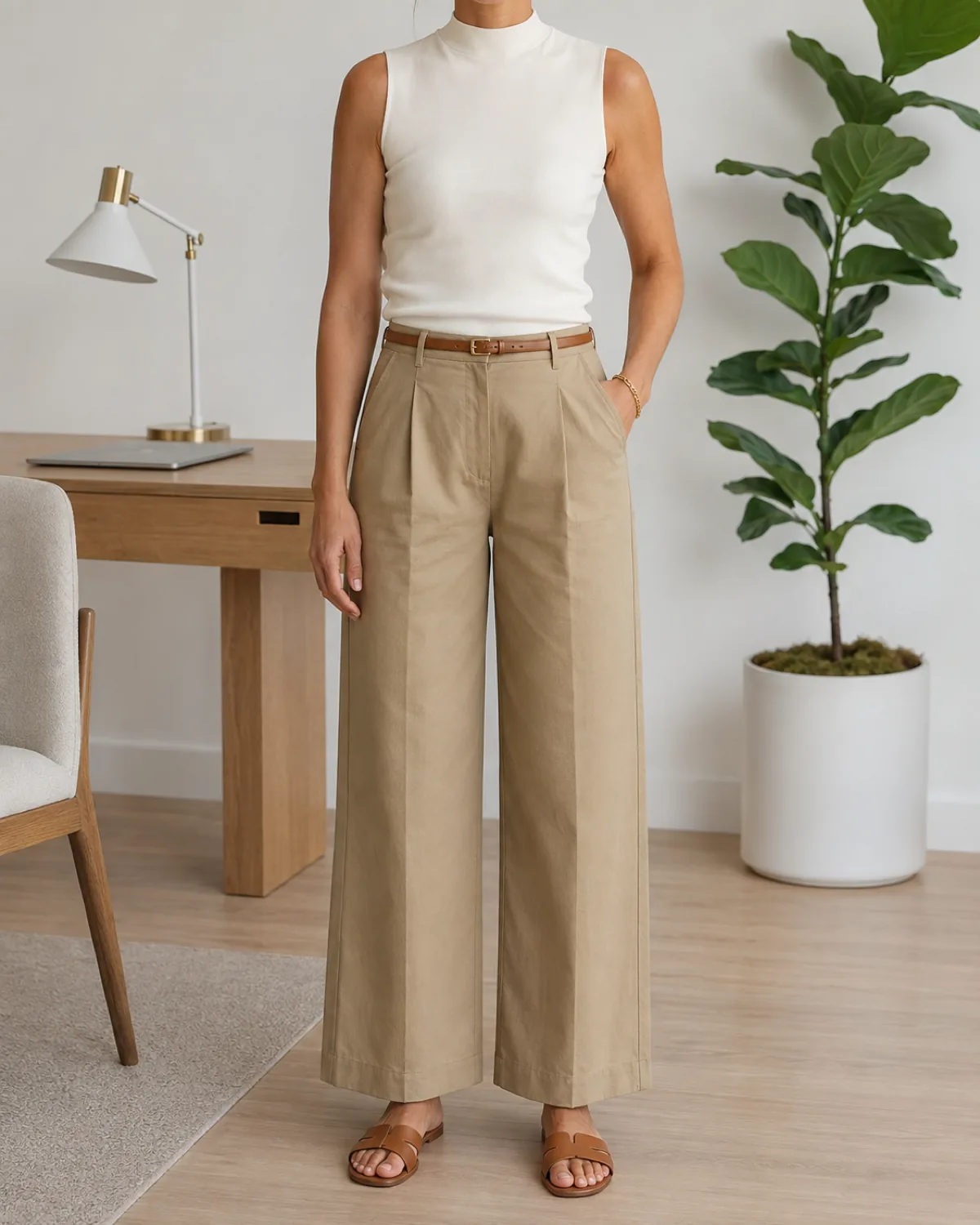 A woman standing in a home office with white walls and a plant, wearing wide-leg khaki trousers, a fitted ivory mock-neck sleeveless shell tucked in, a tan leather belt, and flat leather slides, with one hand in her trouser pocket