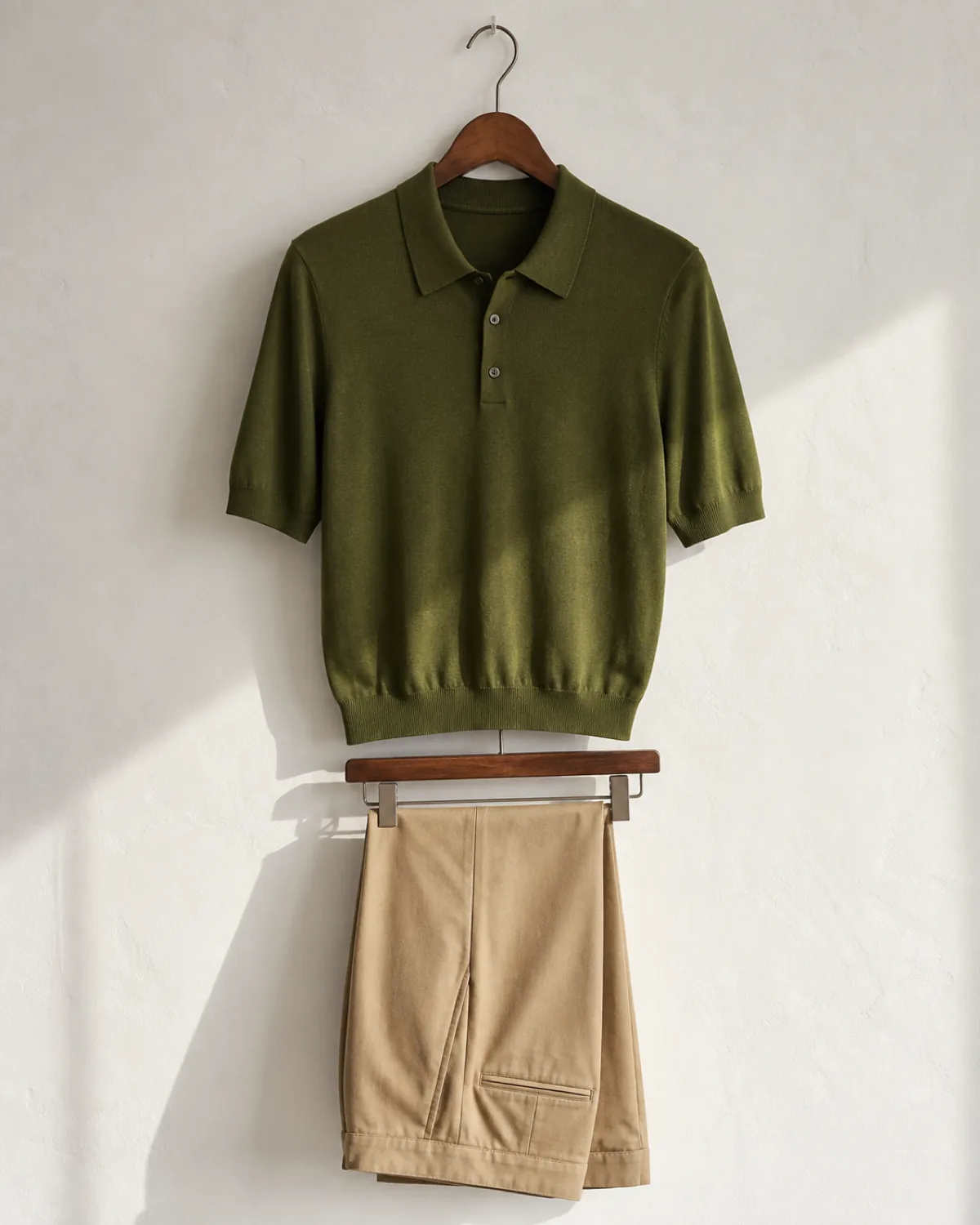 An olive green fine-knit polo shirt on a wooden hanger against a white plaster wall, with pleated khaki trousers folded over a trouser hanger below showing the pleat line