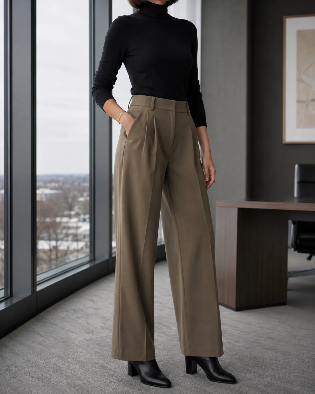 A woman in a three-quarter turn wearing wide-leg khaki trousers with a fitted black turtleneck tucked in and black leather block-heel ankle boots, in a winter office with large windows