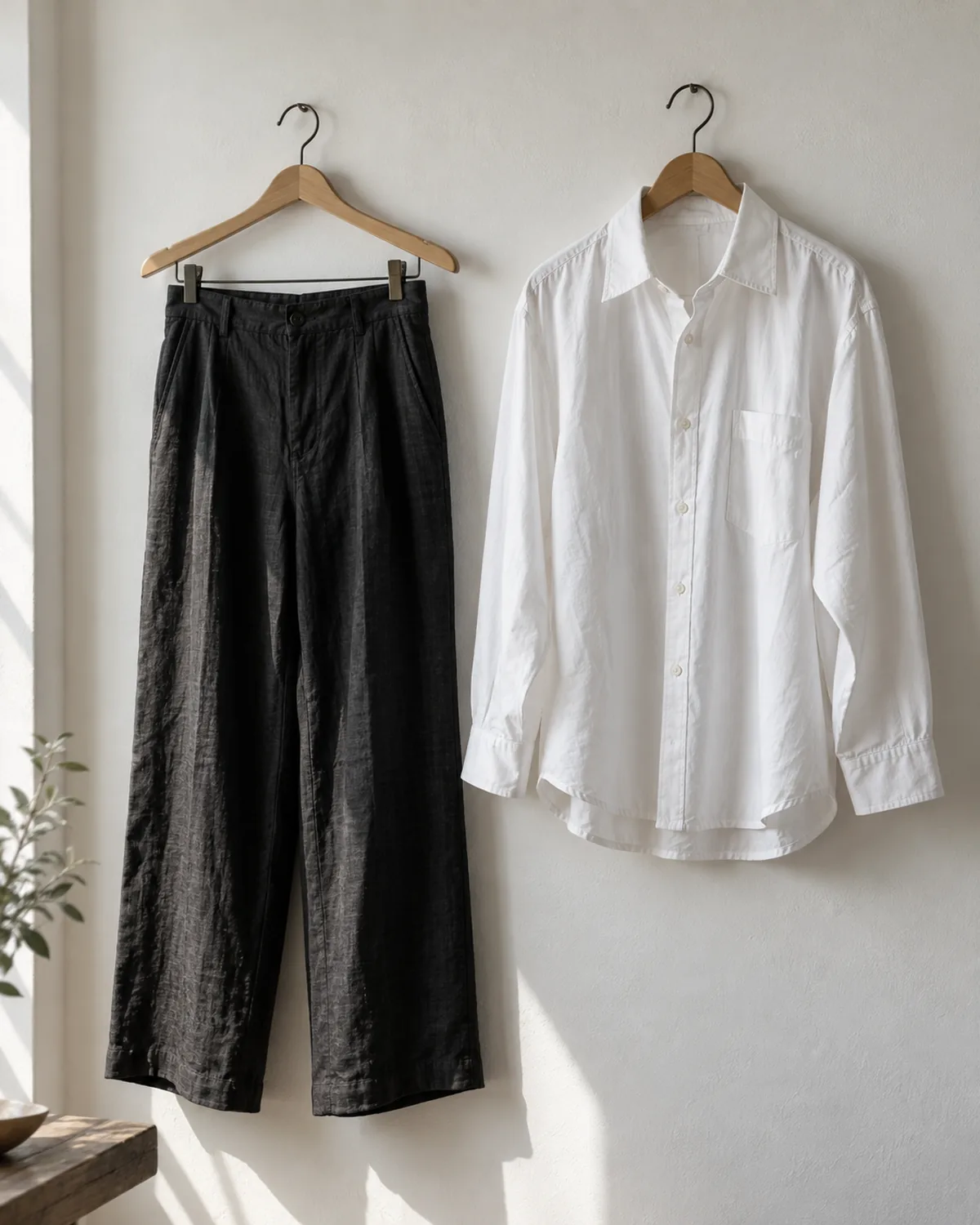Black linen trousers and a white cotton poplin shirt hanging on wooden hangers against a white wall, showing the fabric weight and colour contrast