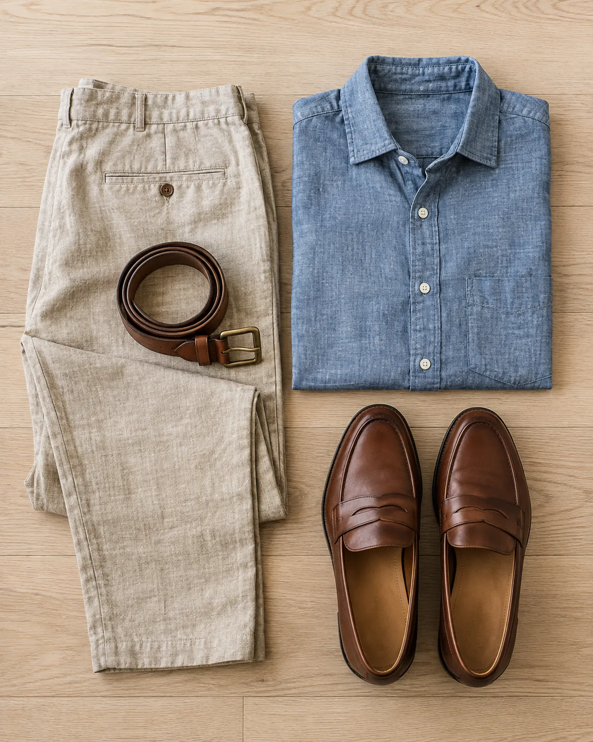 An overhead flat-lay on pale wood: oatmeal linen trousers folded at the knee, a chambray shirt laid collar-up, a cognac leather belt coiled on the trousers, and brown leather loafers