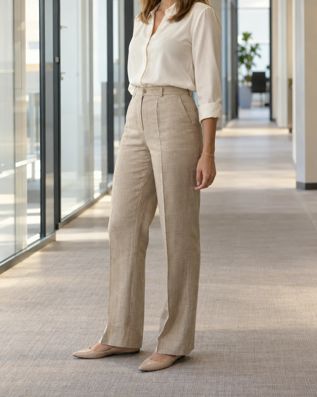 Tan straight-leg linen trousers with a visible pressed front crease, an ivory silk blouse tucked into the waistband, and nude pointed flats in a bright office hallway