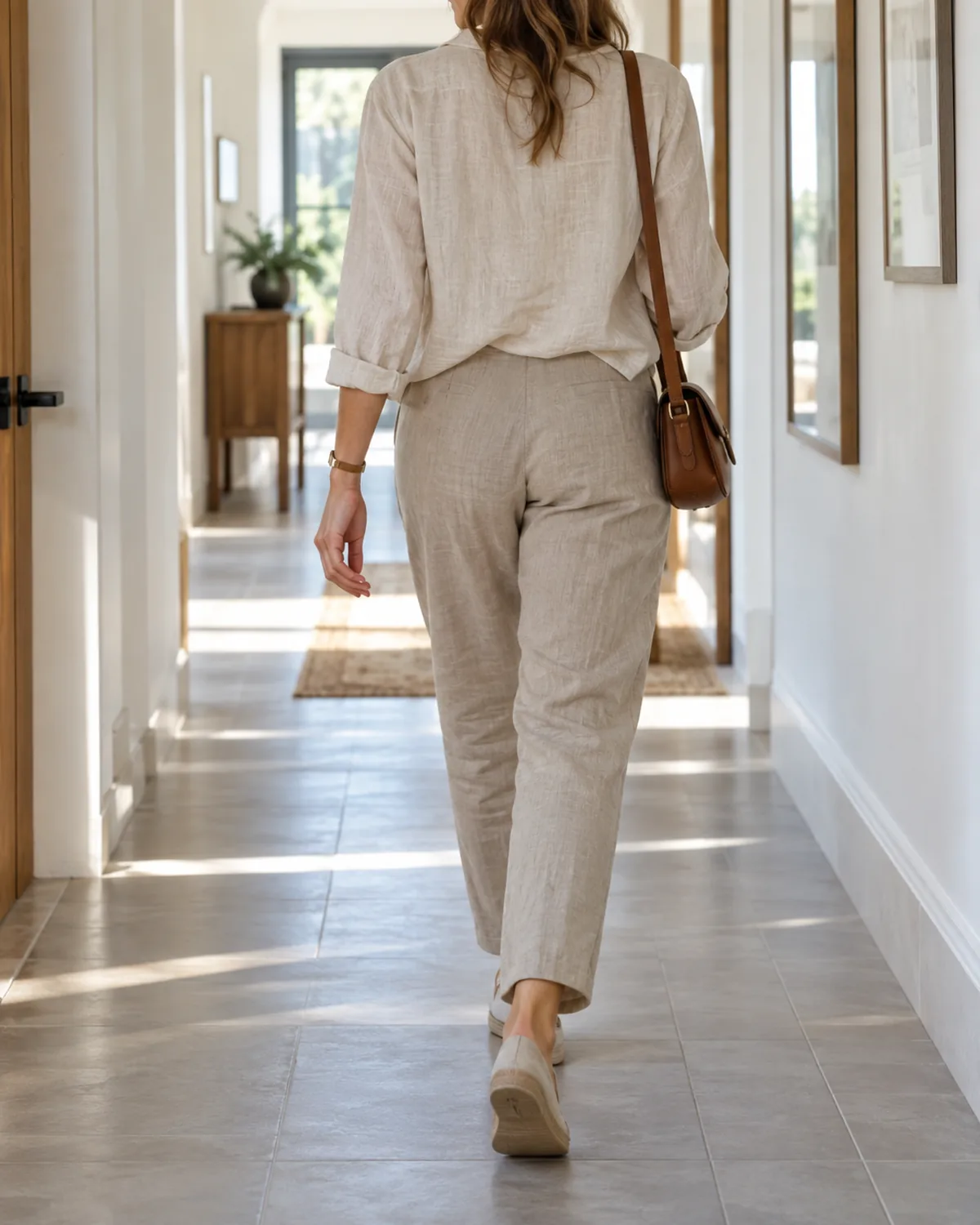 A woman walking away down a bright hallway wearing sand tapered linen trousers and a slightly lighter sand linen shirt French-tucked at the back, with a tan leather crossbody bag