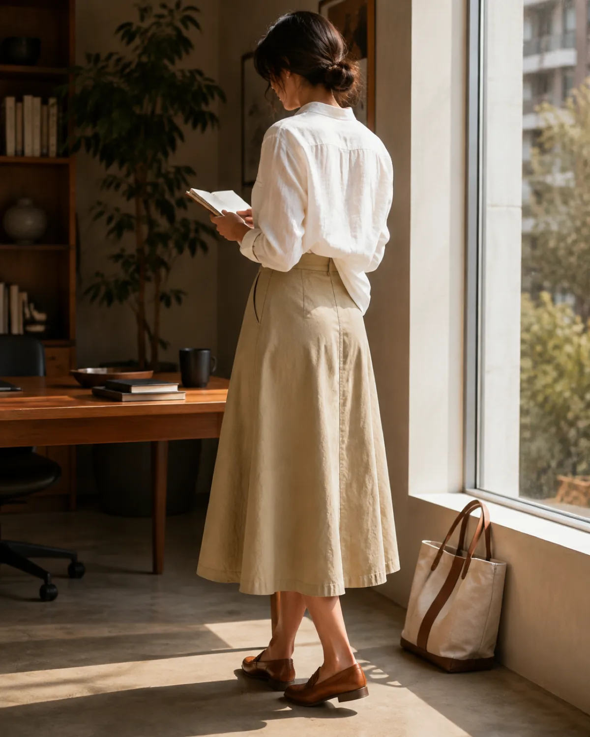A woman standing near a window in a khaki cotton A-line midi skirt and white linen shirt with a French tuck, reading a notebook, back-three-quarter view