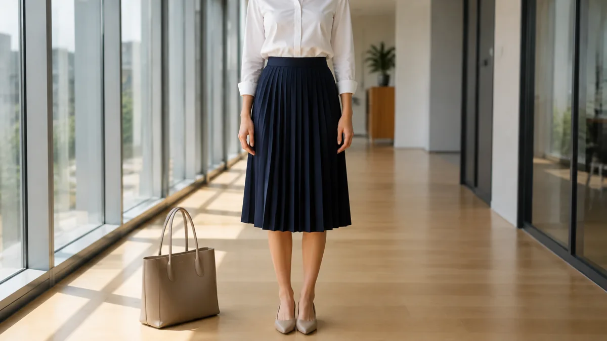 A woman in a navy pleated midi skirt and white button-down standing in a bright office corridor with floor-to-ceiling windows